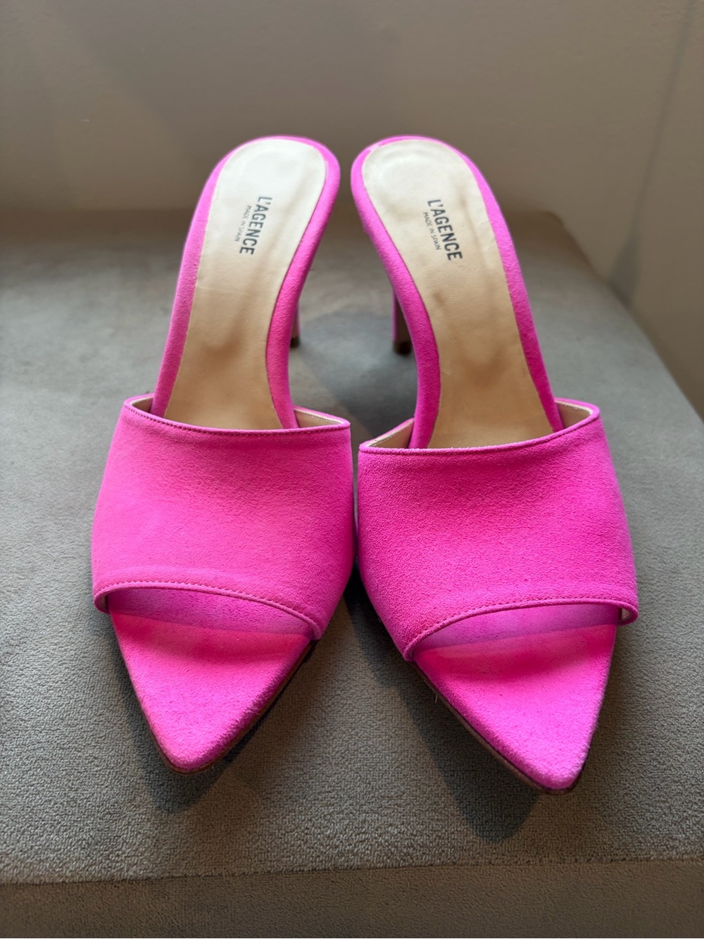 L'AGENCE Hot Pink Suede Pointed Toe Slide Mules